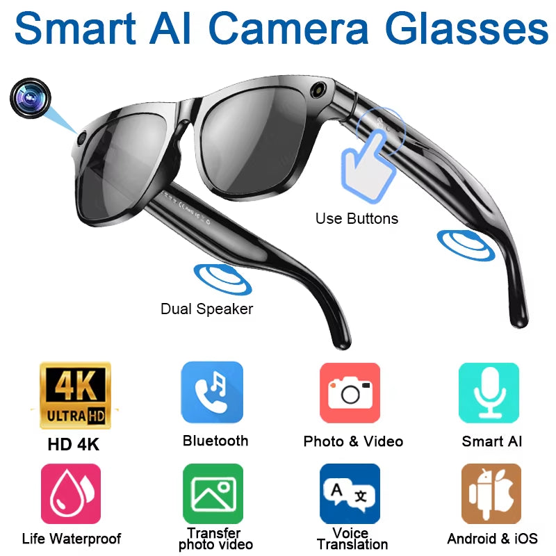 Xiaomi 4K Hd Ai Smart Glasses Camera Wearable Mini Camera Bluetooth Call Voice Assistant Control Smart Sports Camera Glasses
